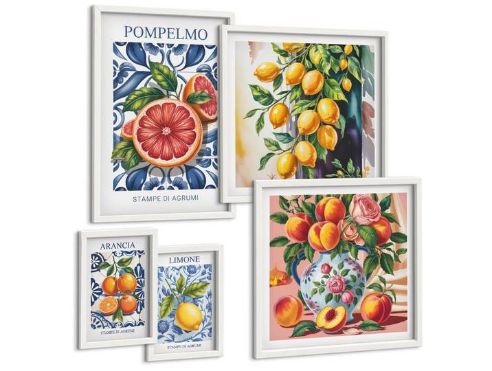BILDER SET 5er Set - 50x50 cm & 20x30 cm & 40x60 cm Weißer Rahmen - Illustrationen von Zitrusfrüchten