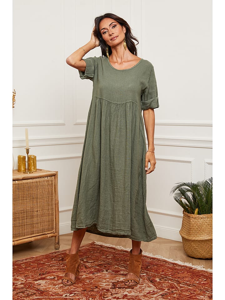 La Compagnie Du Lin Leinen-Kleid "Gustavo" in Khaki - L