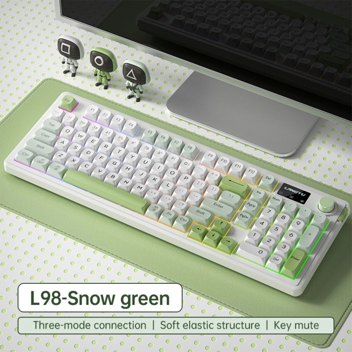 INF Tri-Mode 98-Tasten Bluetooth kabellose Tastatur für Laptops – RGB-Hintergrundbeleuchtung, USB-C wiederaufladbar, Grün
