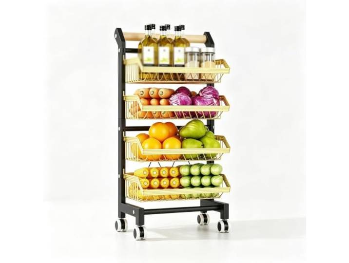 Dexinhdh Rollbarer Vorratswagen mit Ablagen für Snacks und Gemüse Verstellbares Metallregal für Snacks und Gemüse, Küchenorganizer für Obst und Gemüse(Gold,4-Tier)