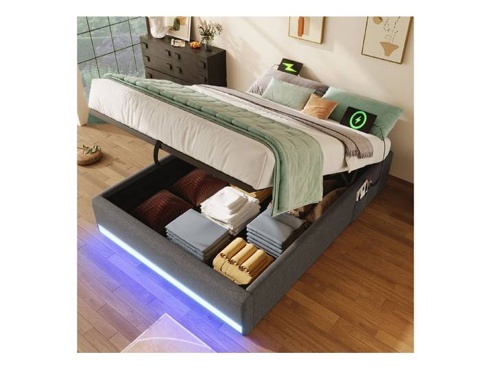 Ulife Polsterbett Kein Kopfteil-Design, Hydraulisch Stauraumbett mit mit LED-Beleuchtung (Ohne Matratze), Kein Kopfteil-Design, mit USB und Typ-C, 90x200cm