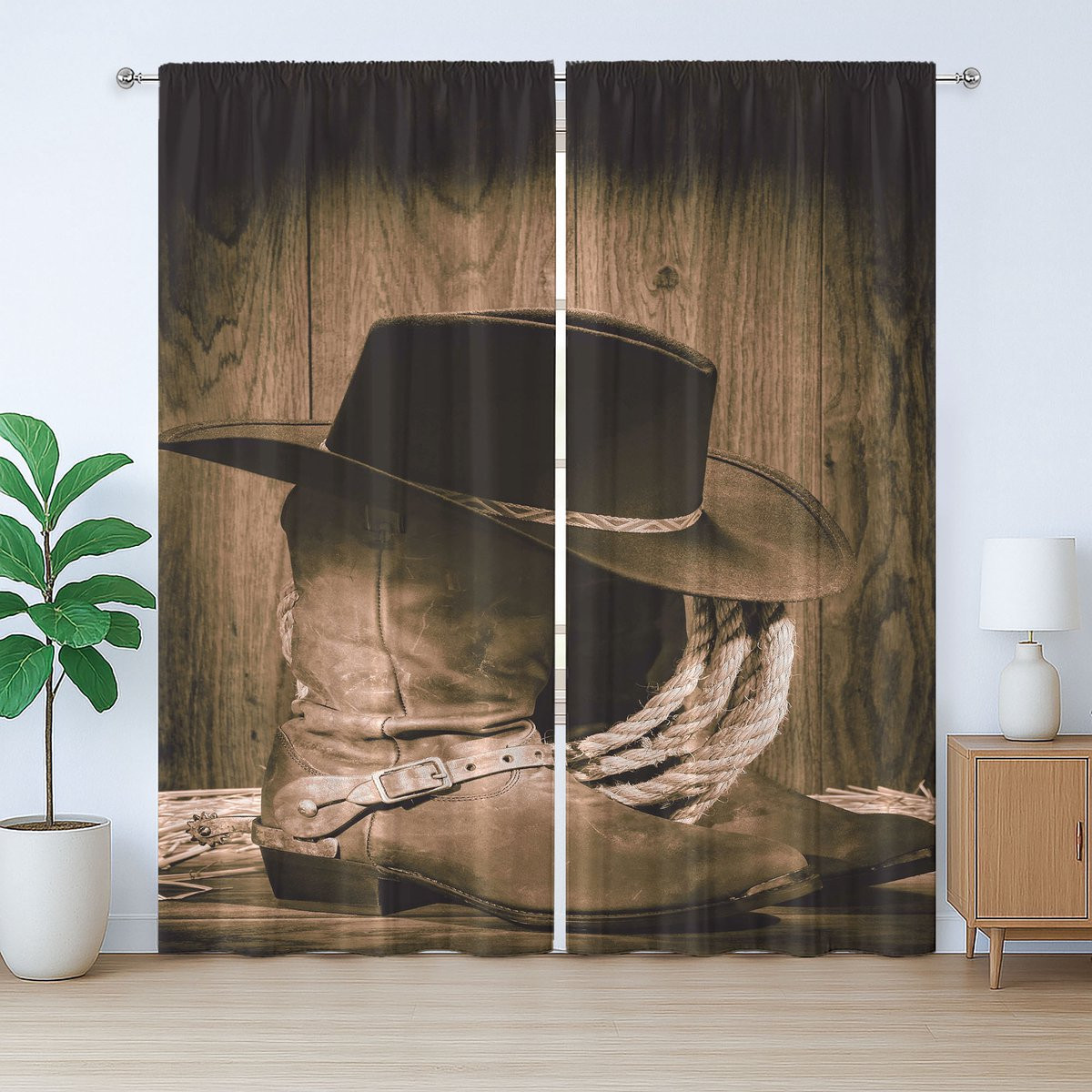ABAKUHAUS Rustiek gordijn met cowboyhoed motief, bruin, 280 x 260 cm