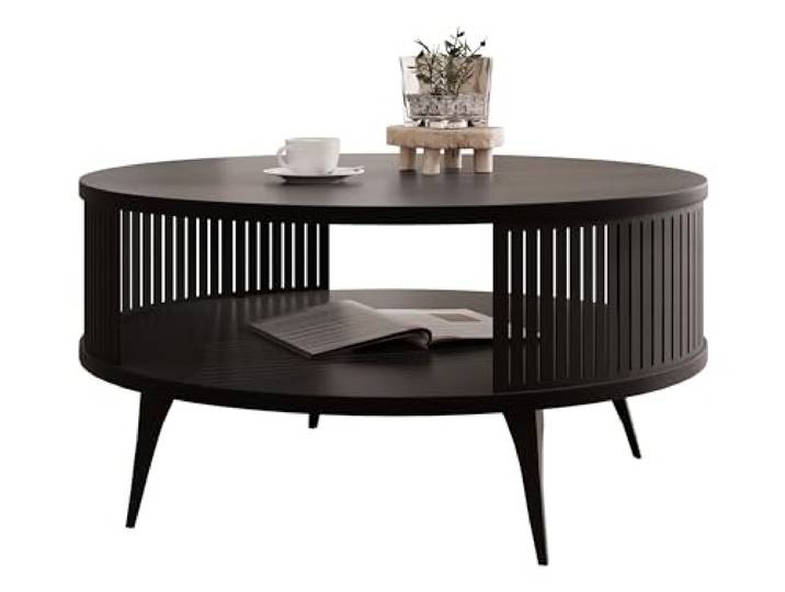 Mirjan24 Couchtisch Rajkon, runde Form (Schwarz Molet, Schwarz) Moderner Wohnzimmertisch mit praktischer Ablage, stabilem Stahlgestell und pflegeleichter Oberfläche