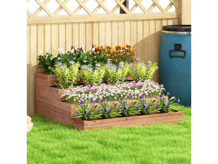 Outsunny Lit de Jardin Surélevé Bois 4 Niveaux 113x113x46cm Marron