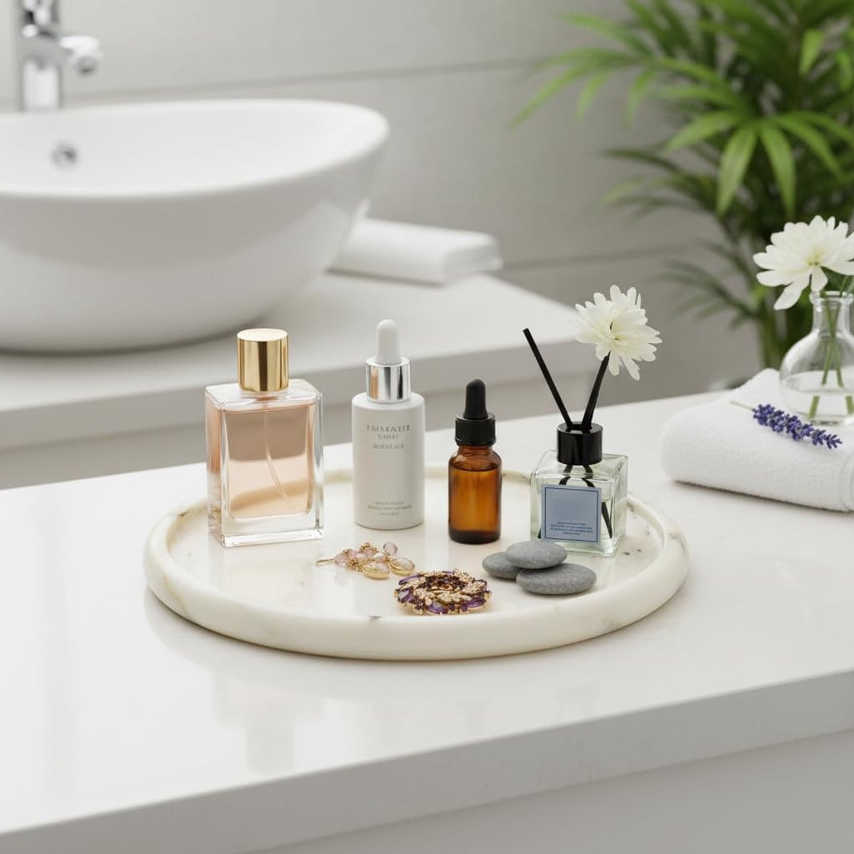 Omgoods Ronde Natuurlijke Marmeren Tray voor Badkamer en Keuken