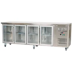 Romux® Kühltisch mit 4 Glastüren 225x60 cm mit Luftkühlung | Theken Kühlschrank aus Edelstahl mit Kapazität 449 L und Leistung 750 W