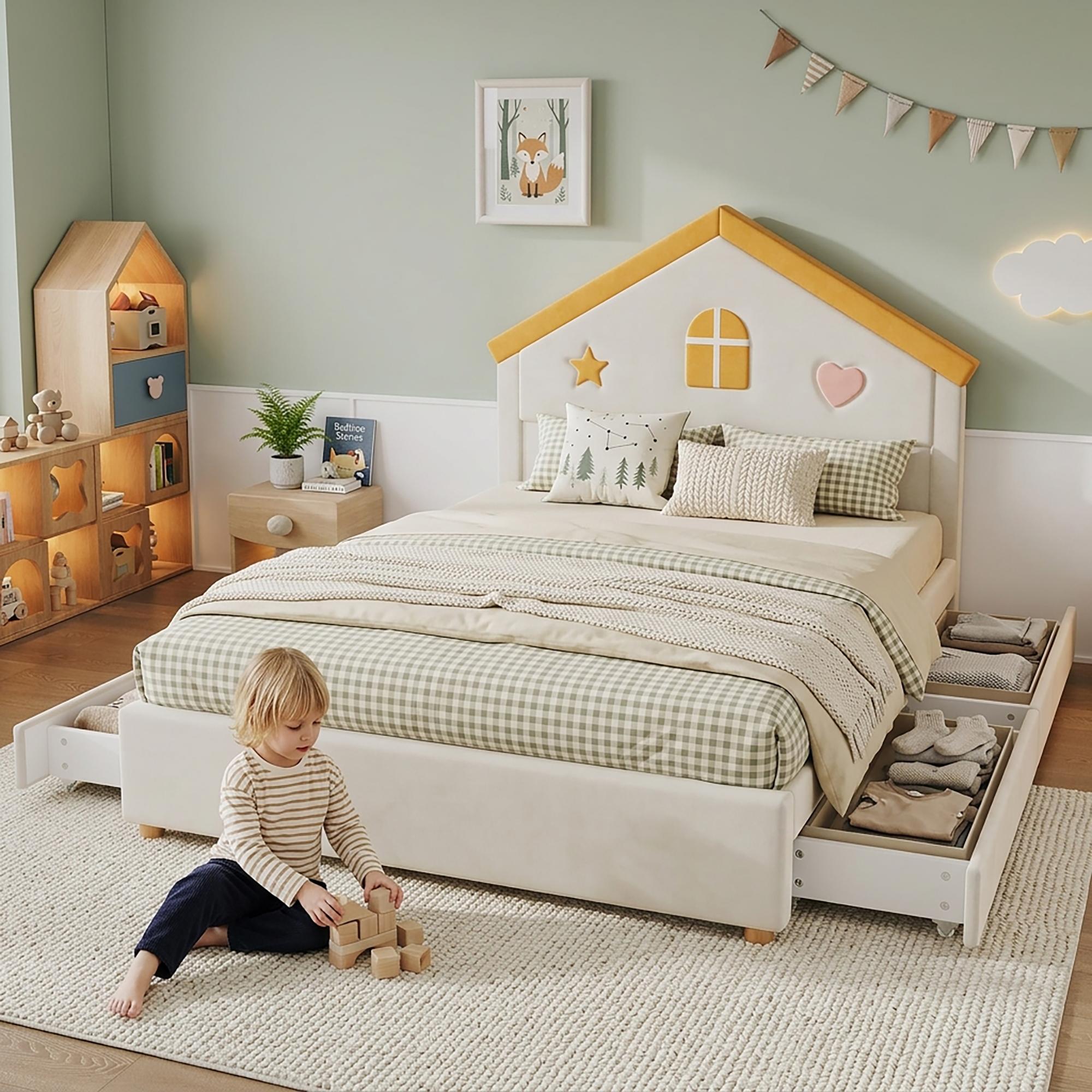 Kinderbett 140x200 cm, Hausbett-Polsterbett, 4 Schubladen, Stauraum, Samt, Haus-Kopfteil (Beige)
