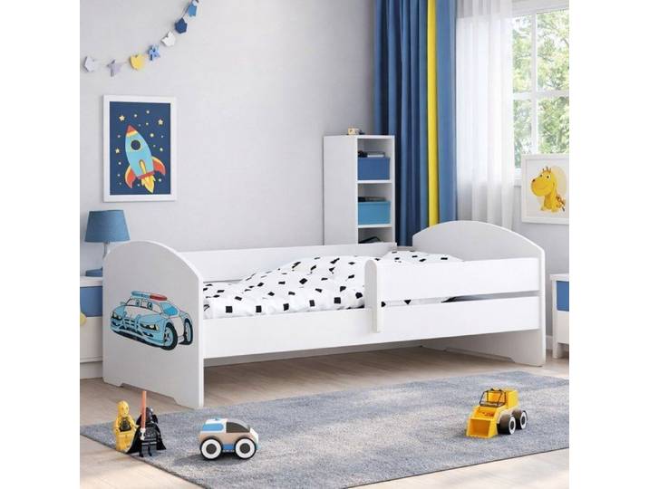 Lit enfant LUK 80×160 cm pour garçon avec sommier et barrière de sécurité – motif voiture de police