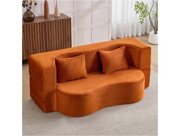 Canapé convertible 2 places pliable en mousse haute densité - YEAVIO - sans montage tissu peluche court orange
