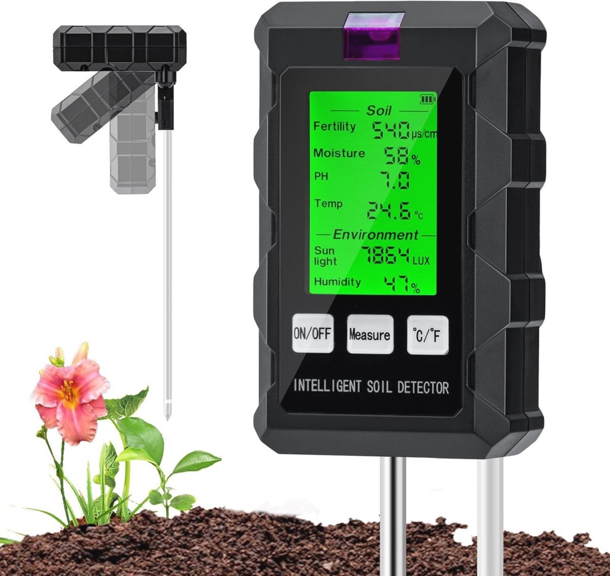 Multifunctionele Vloertester 6-in-1 voor Tuinieren - pH, Temperatuur, Vruchtbaarheid, Lichtintensiteit, Kamervochtigheid en Vochtmeter