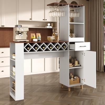 Bar Cabinet with Storage Cabinets & Dining Table with 3 Side Shelf Storage, 6 Glass Holders