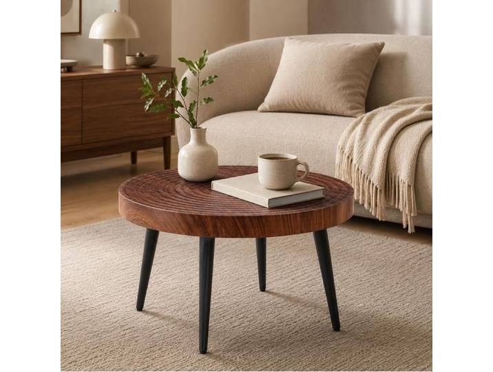 MEULVA Table basse ronde 60 cm effet noyer pieds en métal noir style moderne pour salon