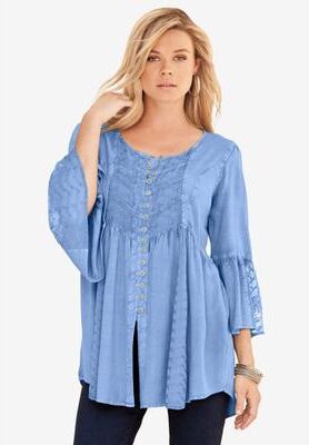 Plus Size Women's Taylor Acid Wash Big Shirt by Roaman's in French Blue (Size 20 W)