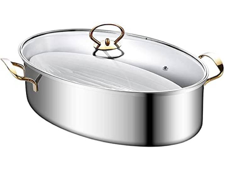 Gold Fish Steamer, 8 Qt Steamed Fish Pot 304 Edelstahl Oval Cookware with Rack, Ceramic Pan, Chuck, Suppentopf zum Dämpfen von Fisch, kochende Suppe