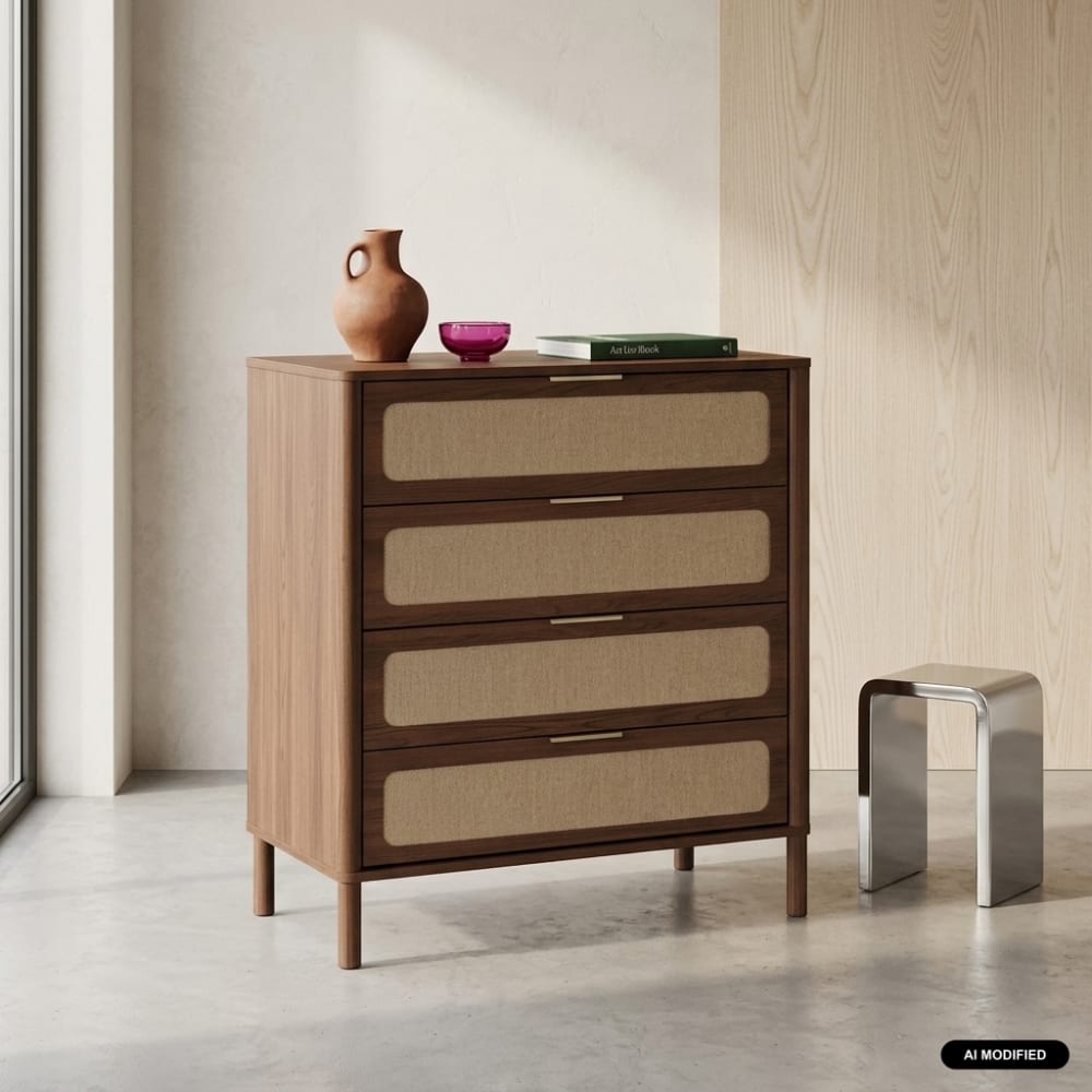 sweeek Commode vintage décor bois et cannage 4 tiroirs noyer Marron 80x95x39cm