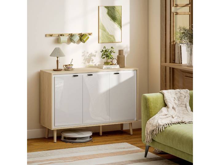 HOMCOM Buffet Blanc Chêne 3 Portes Étagères Réglables 107x35x77 cm