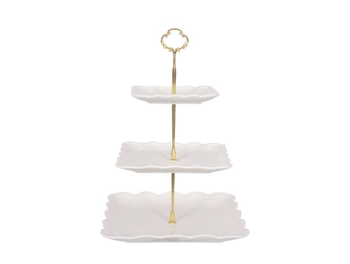 Etagere Keramik 3-stöckig weiss/gold