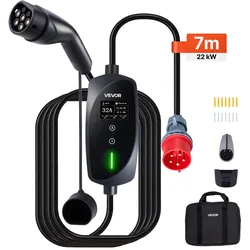 VEVOR Mobile Wallbox, 22 kW, 32 A, Typ 2 Ladestation für Elektrofahrzeuge, 3-Phasig-Ladegerät mit 7 m Ladekabel, CEE32-Stecker, LCD-Bildschirm, IP66-Steuerbox, für Elektrofahrzeuge