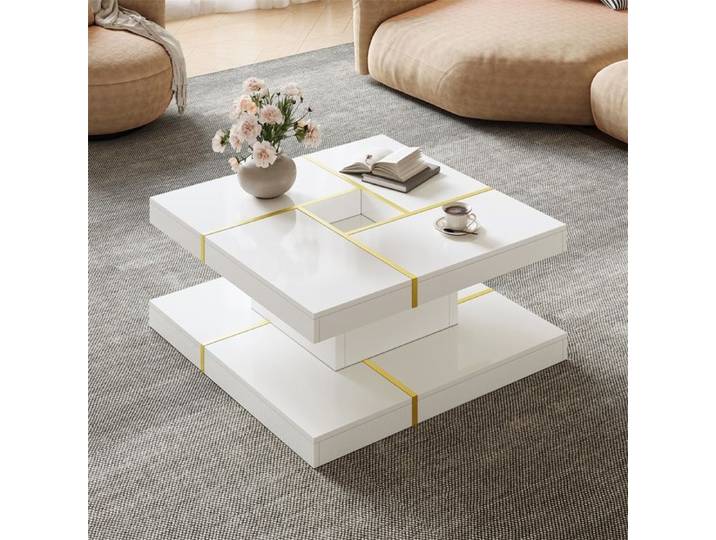 Table basse carre a deux niveaux - 80x80x38 cm - Niche centrale - Finition blanche et liserets dores