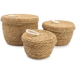 Seagrass & Cotton Round Baskets with Lids - Natural - Set of 3
