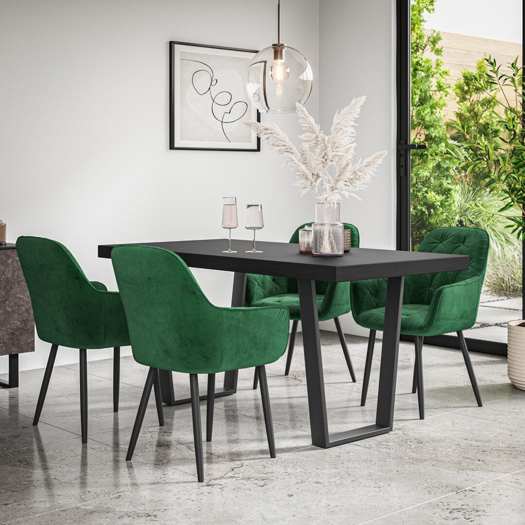 Fairmont Park Ahlina Modern Dining Table With 4 Anika velvet Chairs Set Black/Black/Green 4