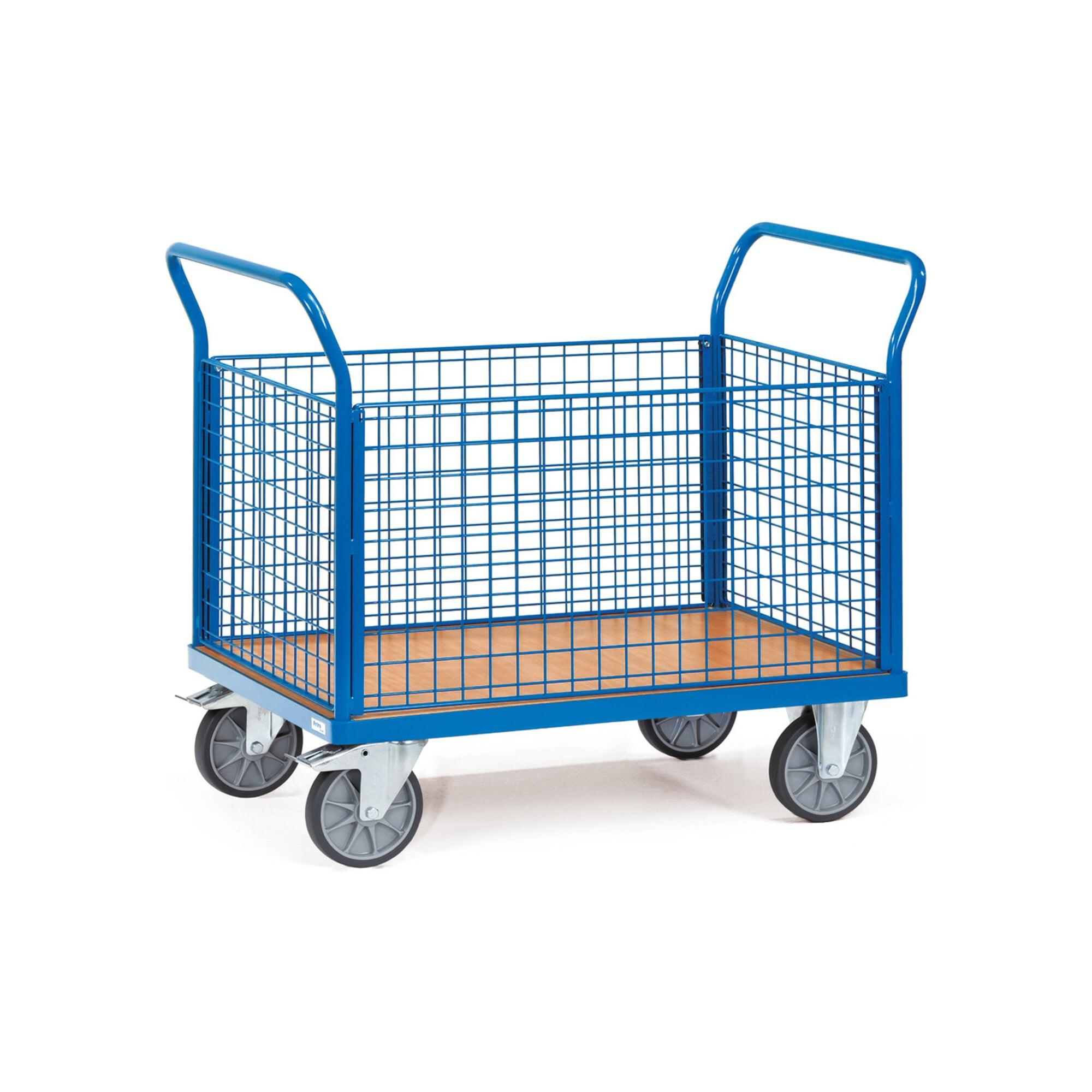 fetra 1551 Vierwandwagen aus Stahlrohr mit Holzplattform und Drahtgitterwänden (Tragkraft:600 kg, TPE-Reifen))