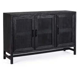 Sideboard Weston aus Mangoholz, modernes Design mit Rattan-Türen, schwarz, 125 cm, mit Magnetverschluss