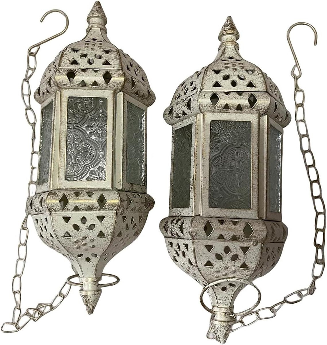 Marokkaanse Kaarslantaarn met Hangketting in Vintage Wit