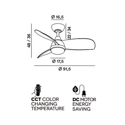 Deckenventilator mit Licht Perenz 7192 B CT Weiß - Ø 91,5 cm, 3 Flügel, 6 Geschwindigkeiten, Gleichstrommotor 35 W, geräuschlos