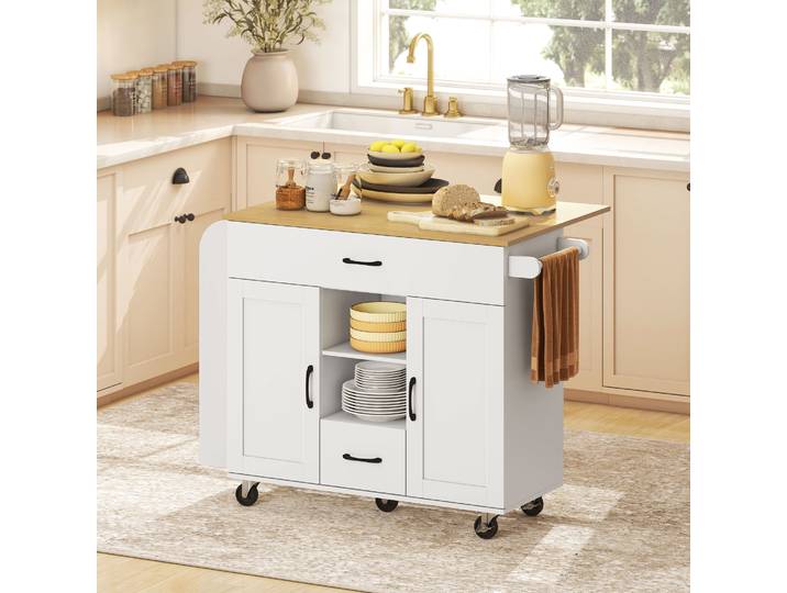 HOMCOM Îlot Cuisine Roulant MDF Blanc avec Plan Rabattable