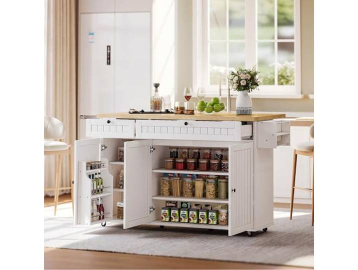 FammyLoft Kücheninsel auf 6 Feststellbaren Rollen, Kücheninsel mit Klappbarer Arbeitsplatte, 2 Schubladen und Schrank, Küchenrollwagen mit Ablage für Küche, Esszimmer, Mobiler Buffetschrank, Weiß