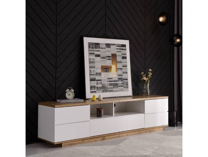 Meuble TV 180cm - Becag - Armoire TV bas avec 5 Portes - Style contemporain - 180x38x46cm - Blanc