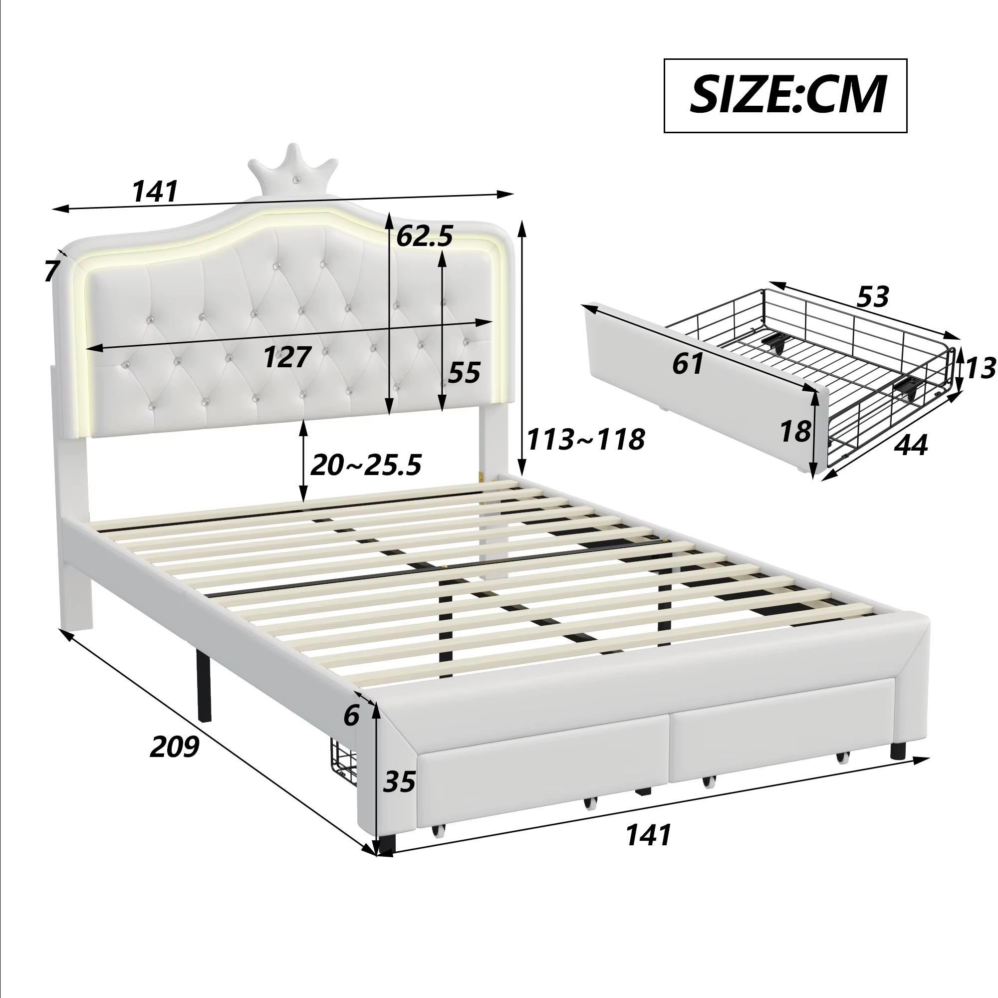 Kinder-Prinzessinnenbett - Bettgestell - 140 x 200 cm - Weiß - Gepolstertes, tuftiertes Kopfteil - Ausziehbare Aufbewahrungsschublade - Holzlattenrost