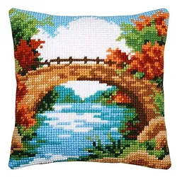 Kreuzstichkissen "Brücke am Fluss"