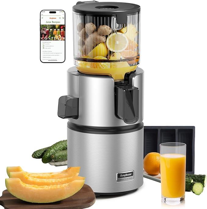 Entsafter 350W, 124mm Einfüllschacht für Ganze Früchte und Gemüse | Duale Slow-Squeeze-Tech erhält 100 % Vitamine. Hochmomentmotor verarbeitet Faserobst. BPA-frei, 3-Step-Clean, 5 J.