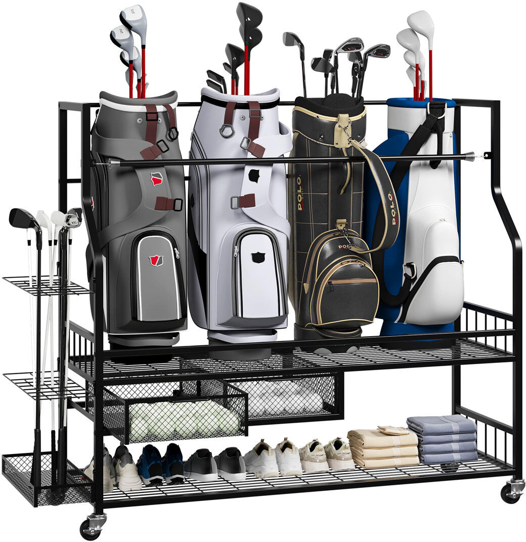 idealhouse Heavy Duty Golf Bag Storage Rack with Wheels – Holds 4 Large Golf Bags – Rolling Organizer Stand for Clubs, Balls & Accessories – Ideal for Garage, Cl