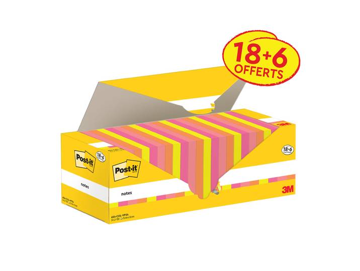 Post-it Notes repositionnables 76 x 76 mm - Couleurs assorties - Pack 18 blocs de 100 feuilles + 6 gratuits