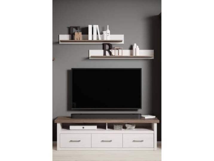Lomadox TV Wand im Landhausstil im Pinie weiß Nb./Trüffel Eiche Nb., B/H/T: ca. 148/200/43 cm