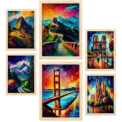 POSTER Set Mit 6 Weg Im Ölgemälde Stil A3 & A4 Rahmen Aus Hellem Holz