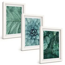 BILDER SET 3er Set - 20x30 cm Weißer Rahmen - Nahaufnahme von Pflanzenblättern