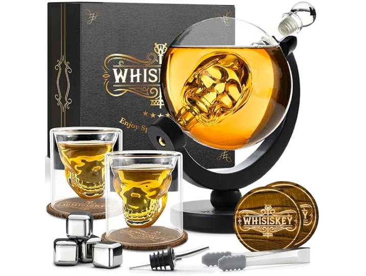 WHISISKEY - Whiskey Karaf - Schedel Karaf 900ml - Luxe Whisky Karaf Set - Decanteer karaf - Whiskey Set - Cadeau voor mannen - 4 Whiskey Stones, 2 Whiskey Glazen x 125ML & Extra Accessoires