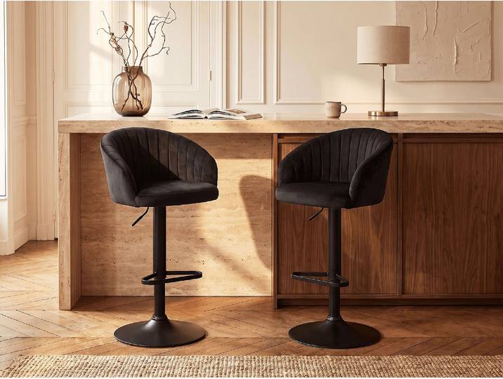 Barhocker 2er-Set - Samt & Metall - Schwarz - DORALIZ