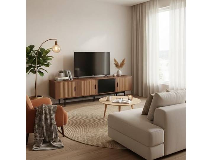 FurnitureR TV-Lowboard mit geschnitzter Holzoptik, Doppel-Schubladen & breiter Ablagefläche für Moderne Wohnzimmer