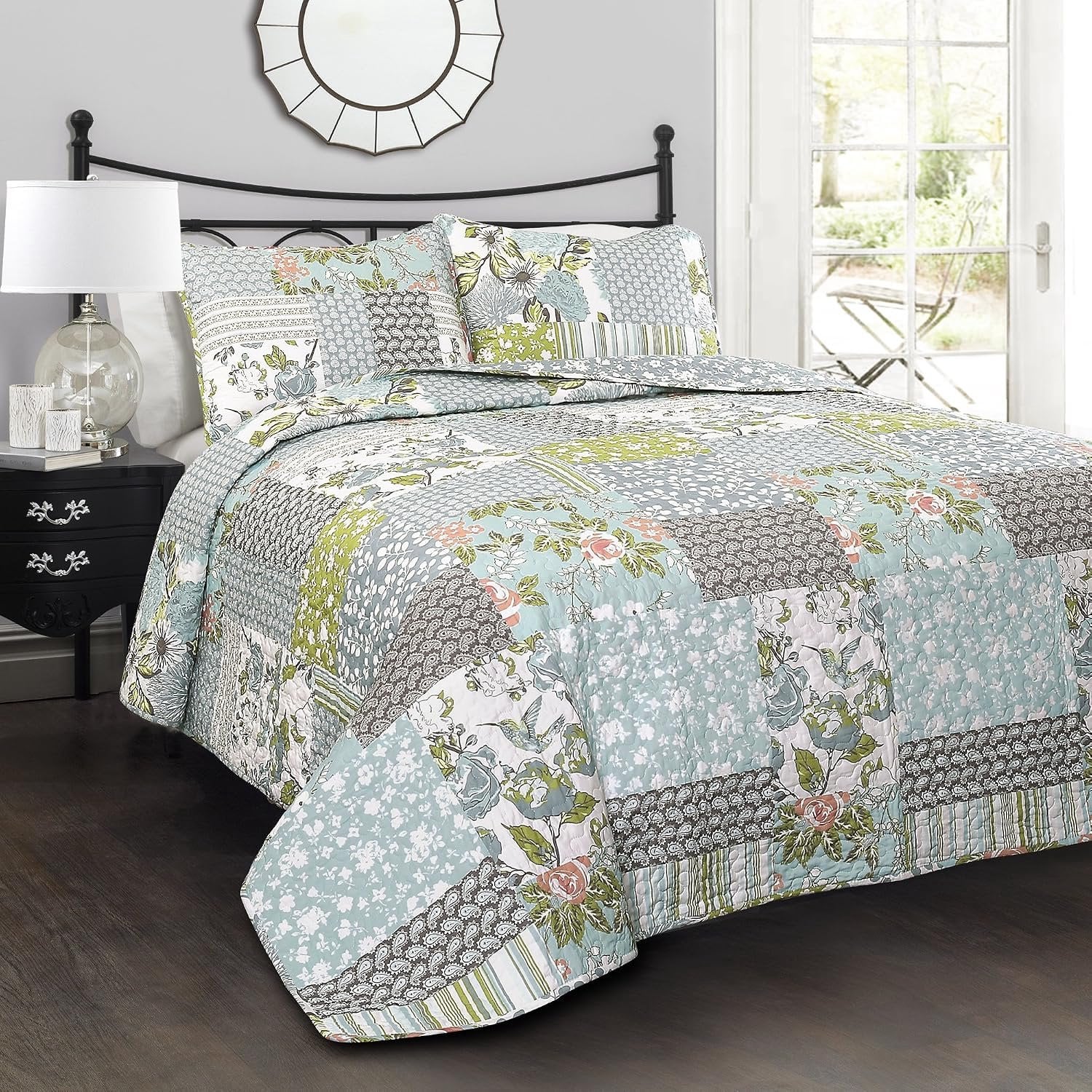 Patchwork Bloemendekbed Set in Landelijke Stijl - 3 Delig - Blauw