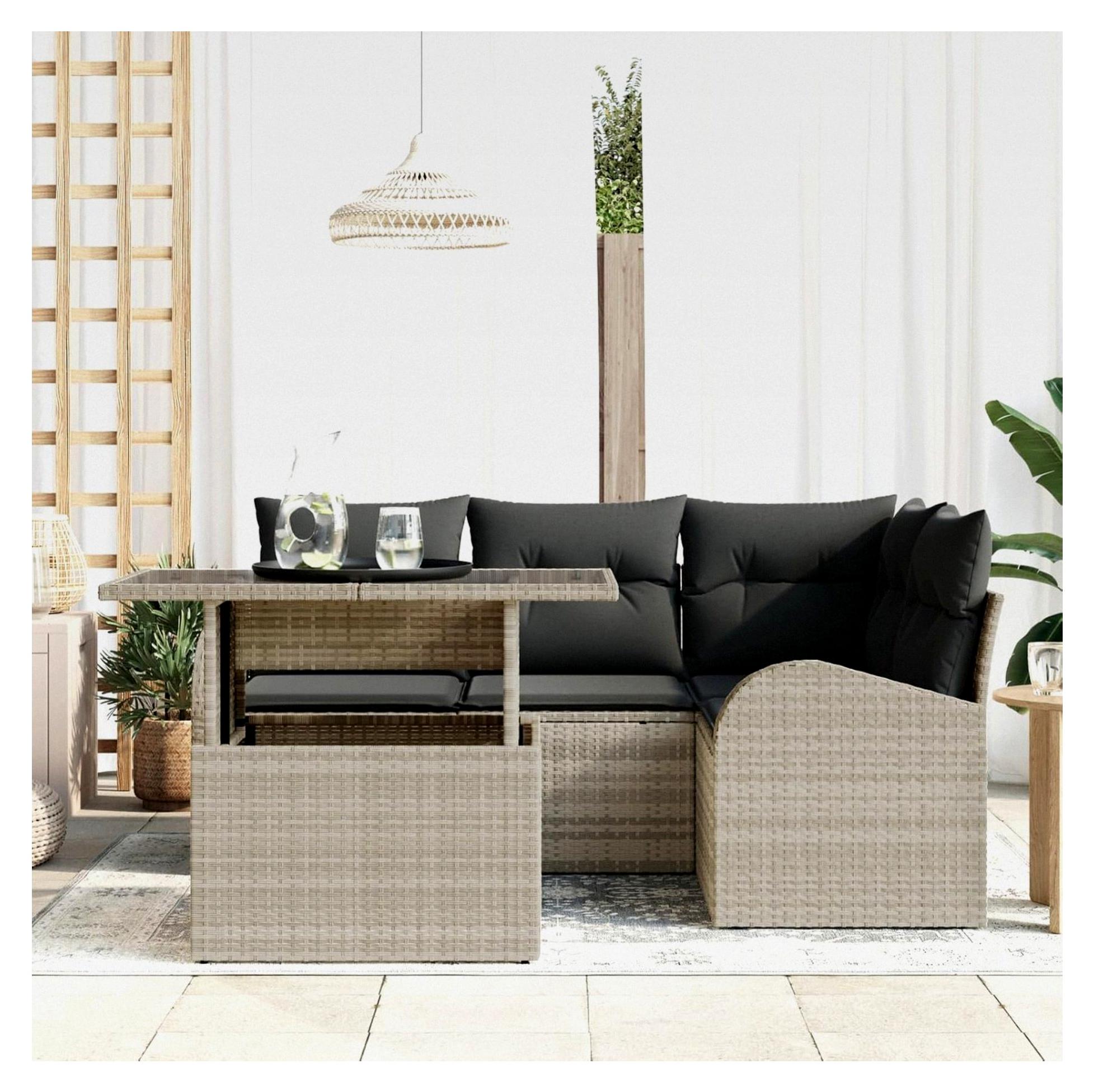 5-teiliges Garten-Sofa-Set mit Kissen in hellgrauem Poly-Rattan Lounge Sofa