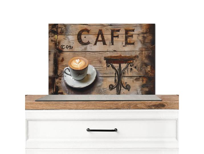 MuchoWow Spritzschutz Küche Cafe - Holz - Kaffee - Regale 70x50 cm, Schwarz, Metall, Rechteckig, 70x0.3x50 cm, rostfrei, Küchenzubehör, Küchenhelfer, Küchenutensilien
