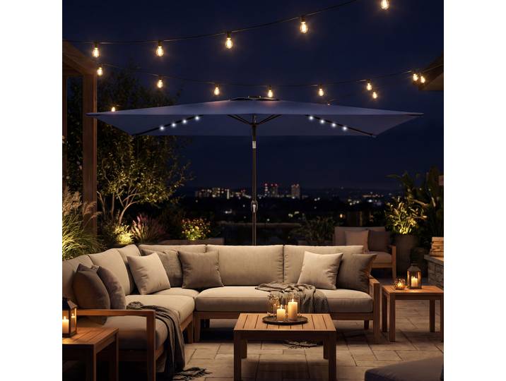 Outsunny Parasol LED Solaire 2,9x2,5m Bleu Foncé Métal Inclinable