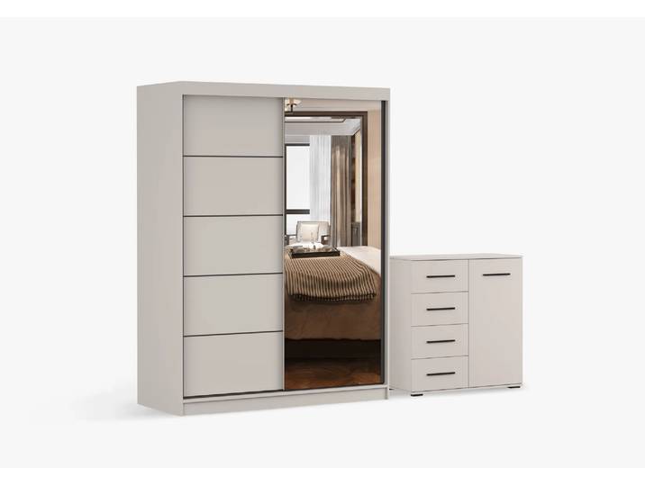 Schwebetürenschrank und Kommode 2-er Set VISTA 05 K/FRIDA MINI 01 KK Kaschmir Kaschmir + Spiegel Ohne LED-Beleuchtung