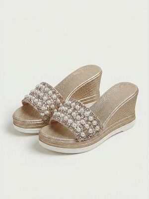 LightInthebox Women's Chic Boho Slides - Shimmering Crystal Pearl Studded Mules for Summer Vacation, Honeymoon Travel