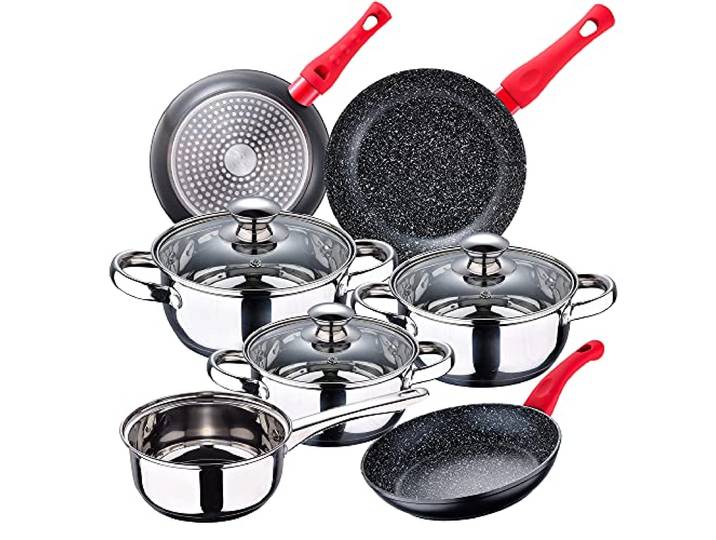 Küchenbatterie 7 Stück SAN IGNACIO Faro, Edelstahl, mit Pfanne Set (20/24/28 cm) SAN IGNACIO Energie aus geschmiedetem Aluminium